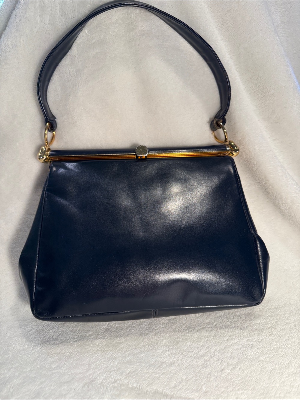 Beautiful Elbeif Navy Leather Frame-Top Shoulder Bag with Gold Hardware